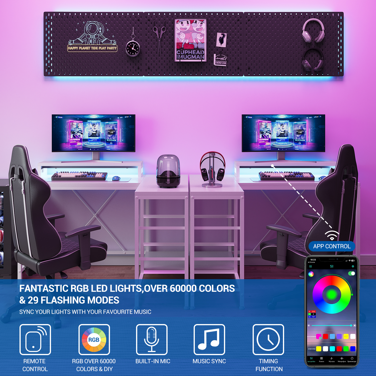 43 Inch Computer Desk With Drawers, L Shaped Desk with Power Outlets and Led Lights, Gaming Desk with Shelves and Monitor Stand