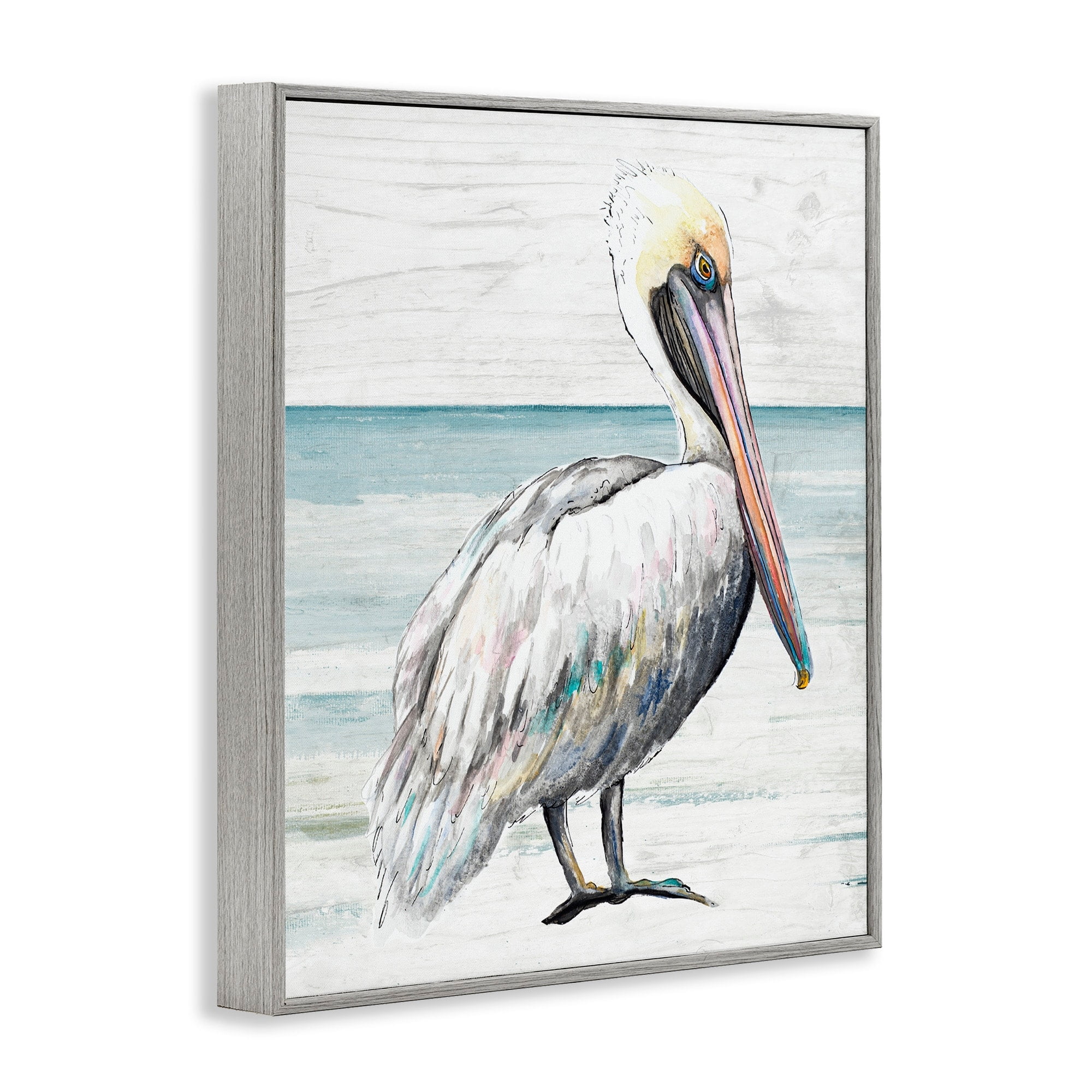Stupell Industries Rustic Pelican Bird Beach Shoreline Portrait Graphic Art Gray Framed Art Print Wall Art, Design by Patricia Pinto
