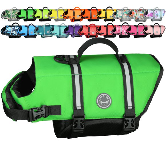 VIVAGLORY Rip Stop Dog Life Jacket, Lifejacket with Handle, Buoyancy for Doggy Puppy, Dog Life Vest for Swimming & Boating, M, Bright Green