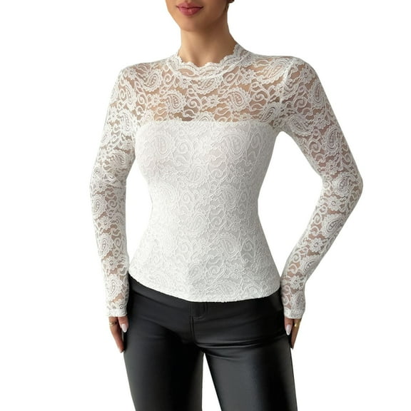 CLOISE Basic Long Sleeve Shirts for Women Crew Neck Tops Zip up Solid Color Pullover Lace Elegant Fall Fashion Outfits