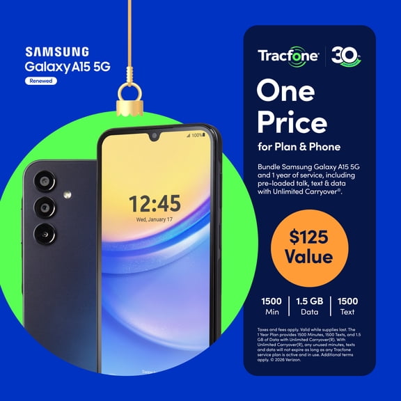 Tracfone Samsung Galaxy A15 Certfied 5G, 64GB, Black, Includes 1 Year Service Plan - Prepaid Smartphone [Locked to Tracfone]