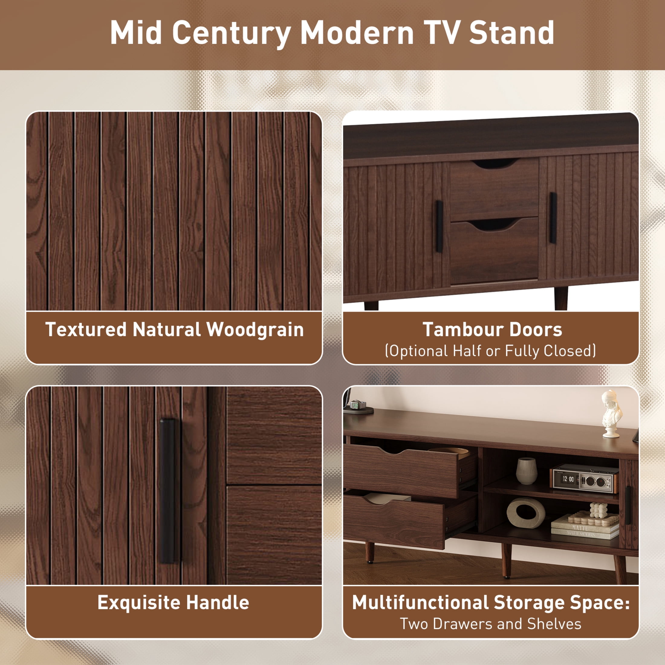 Noble House Modern TV Stand for TVs up to 80" with Tambour Doors, Drawers and Power Outlet, Dark Brown