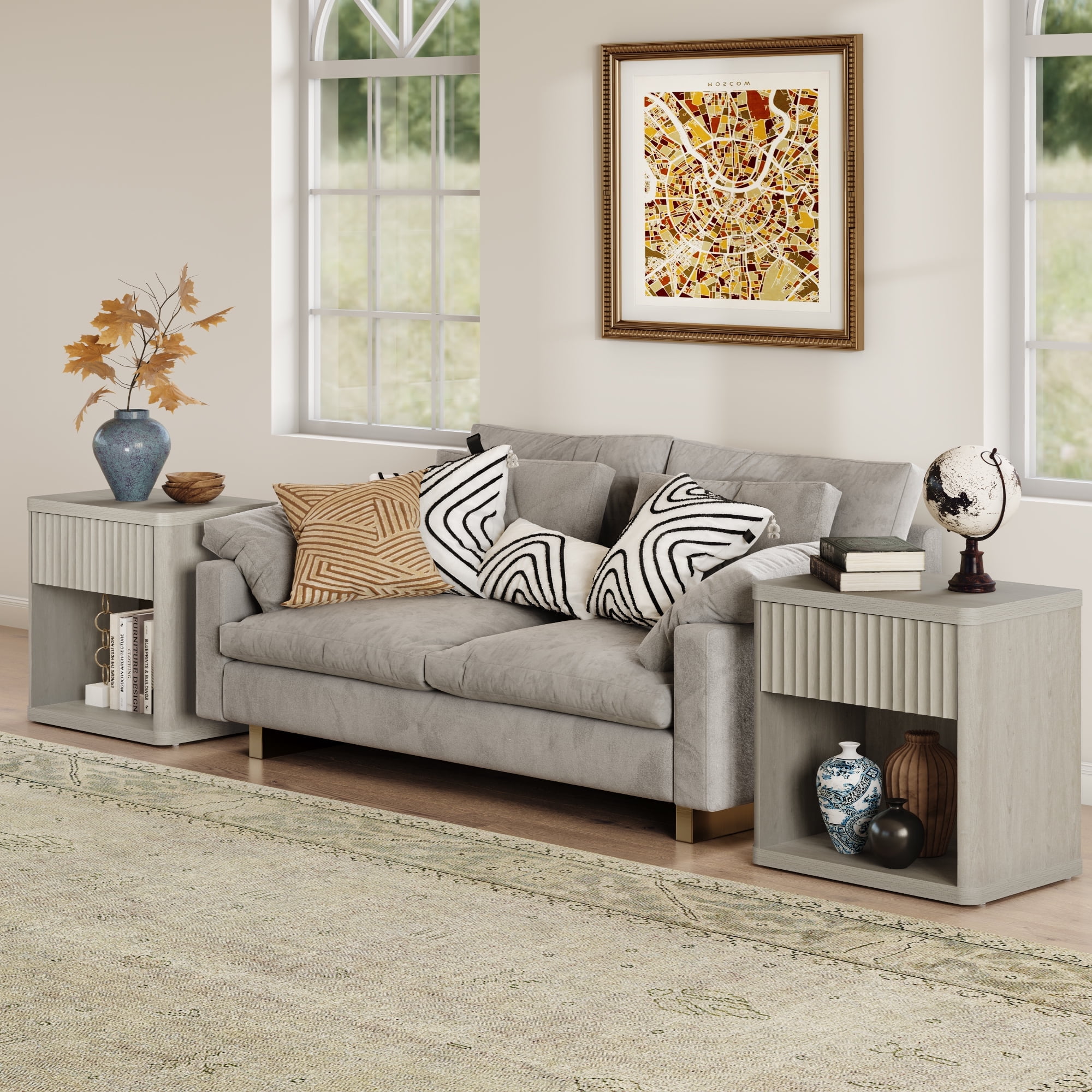 SICOTAS Fluted Nightstands for Bedroom Set of 2, Farmhouse Bedside Tables with Drawer & Open Shelf,  Wood End Table for Living Room in Light Grey