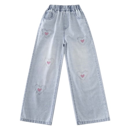 GBSYEWXS Children Girls Jeans Distressed Elastic Waist Comfortable Relaxed Wide Leg Soft Heart Print Denim Pants Size 8 Years-10 Years
