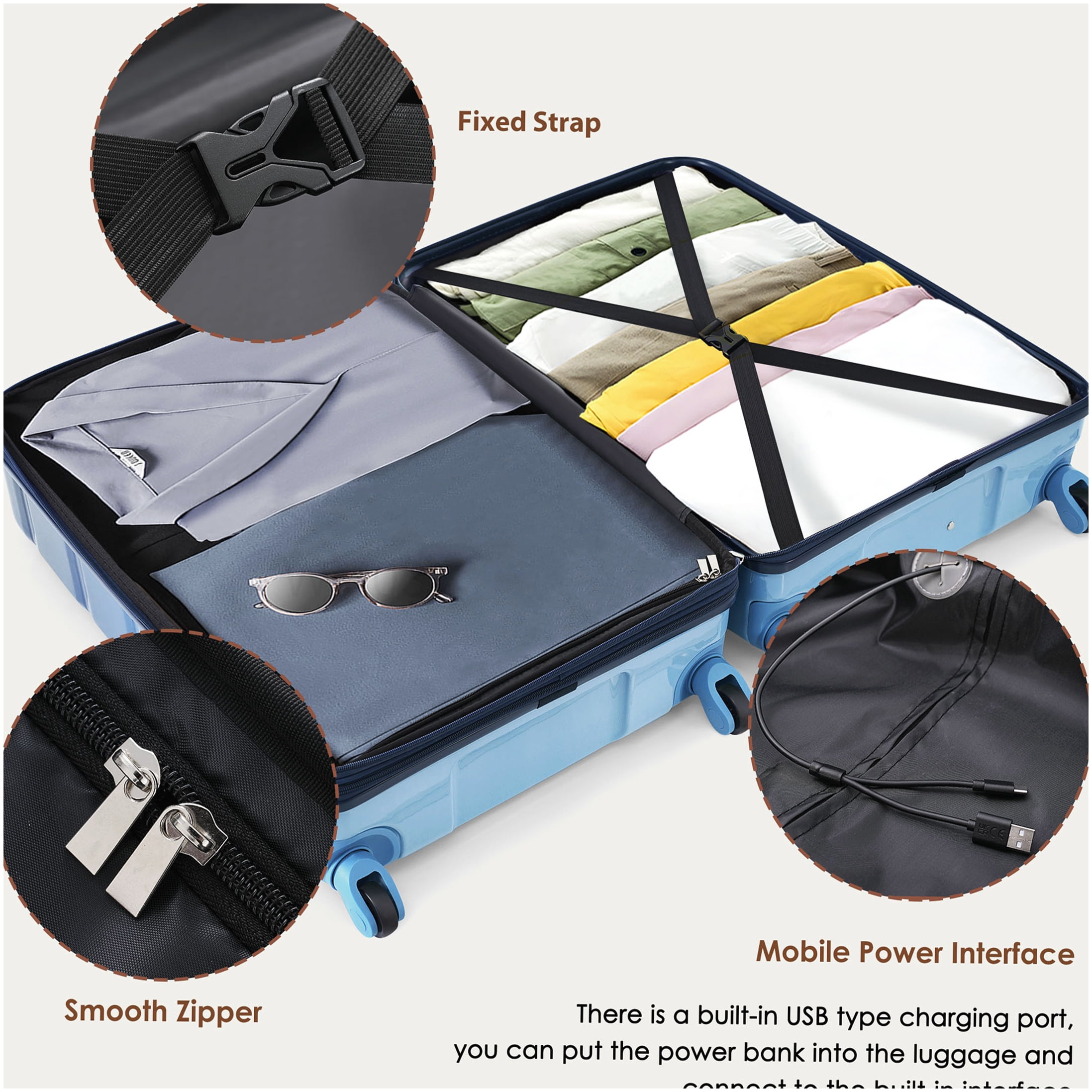 ABS+PC 3-Piece Spinner Luggage Set in Blue, 20" Carry-On with USB Charging Port, 360° Wheels