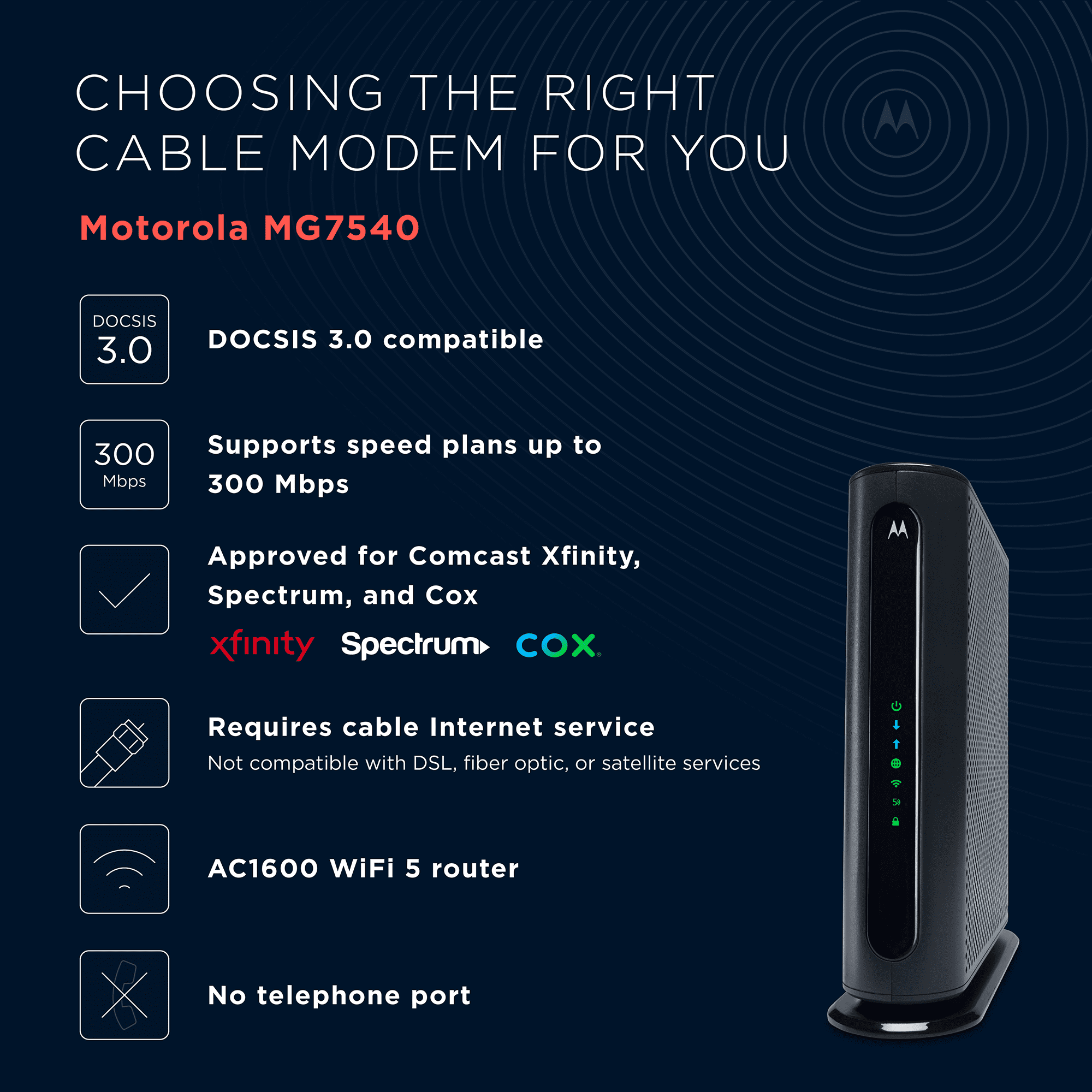 Motorola MG7540 Cable Modem AC1600 Dual Band Wi-Fi Router Combo DOCSIS 3.0 Certified by Comcast