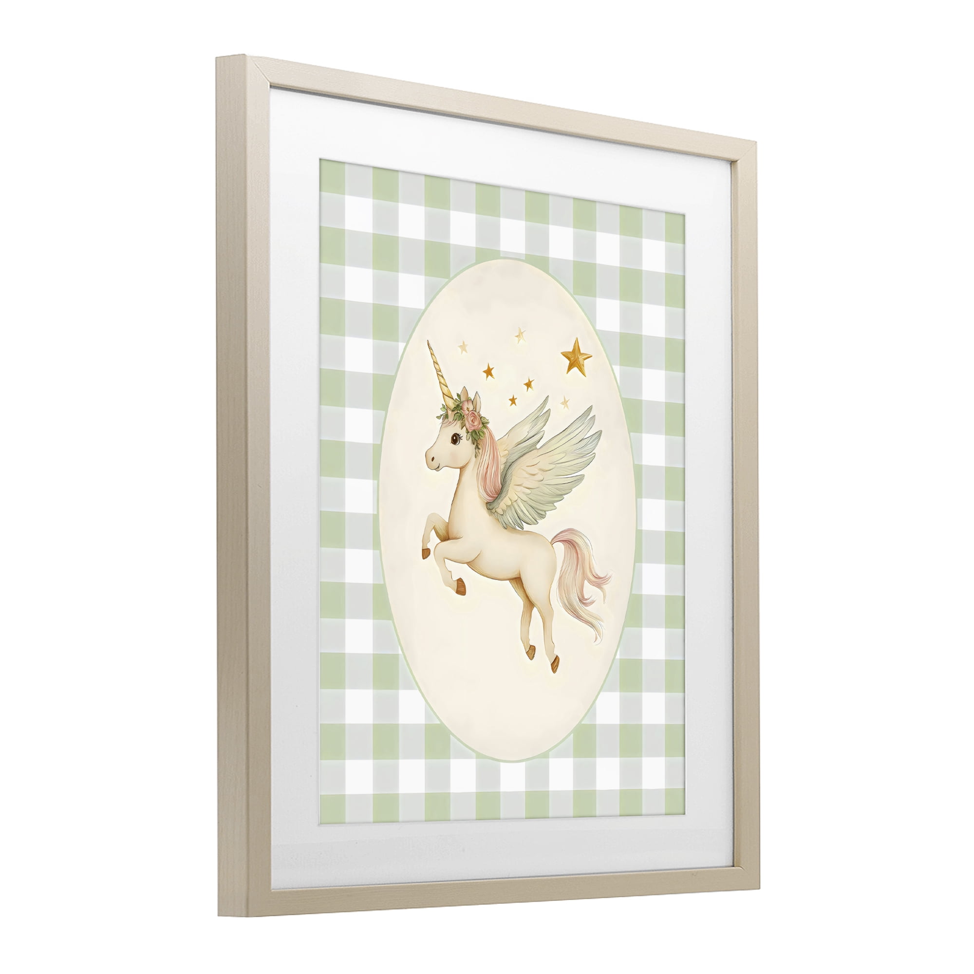 Stupell Industries Winged Unicorn over Green Gingham Birch Framed Print Under Glass, design by Arlington Prints