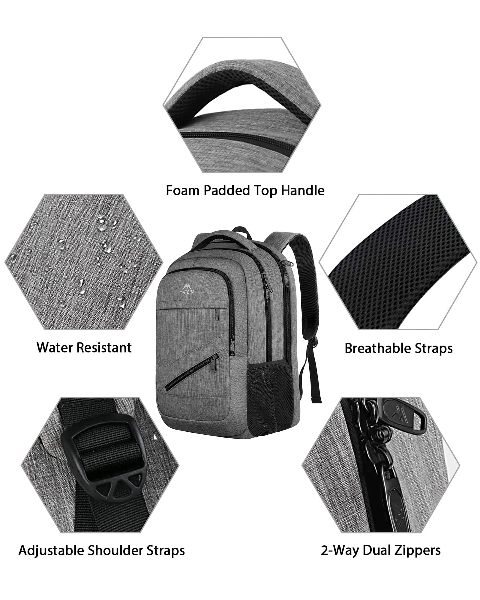 Matein Travel Backpacks for Adults, TSA Approved Carry on Work Backpack with Trolley Sleeve and Anti Theft Pocket, 30L Capacity, Gray