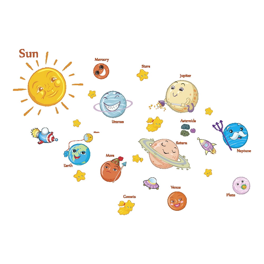 Solar System Cartoon Wall Stickers for Kids Rooms Stars Outer Space School Decor 