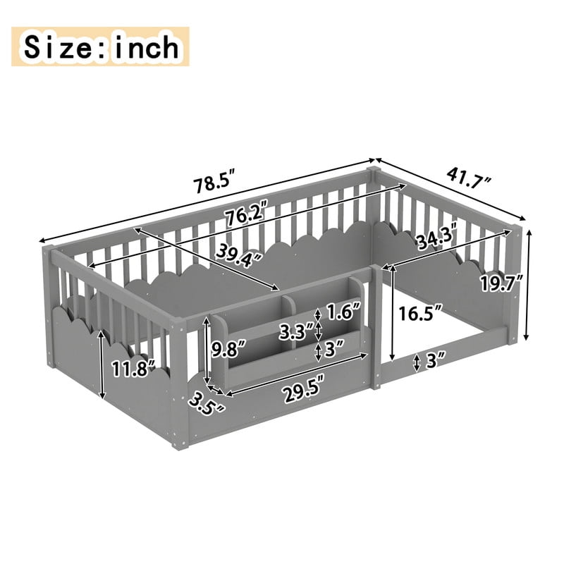 Twin Size Floor Bed with Heightened Fence, Kids Platform Bed Frame with No Slat, Montessori Storage Bed with Bookshelf