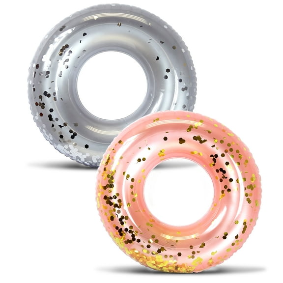 Mozlly Value Pack - CoTa Global Inflatable Floats Party Pool Tube Silver, Rose Gold Confetti 36 Inch, Premium Heavy Duty Vinyl Flotation Pool Toy, For Beach, Vacation, UV Resistant (2 Items)