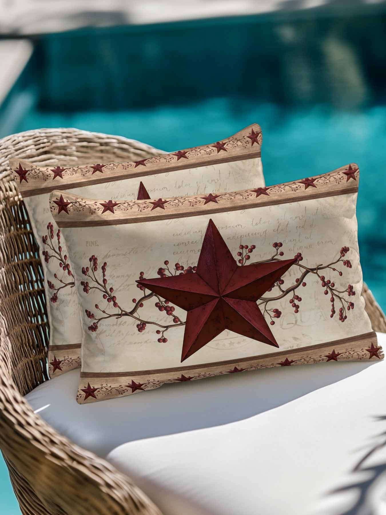 Outdoor Pillows Waterproof, Red Texas Star Rustic Bedding Throw Pillows with Insert for Couch Sofa Bed, Farmhouse Berry Brown Wooden 12x20 Inch Pillowcases Decorative Camping Patio Pillow Set of 1