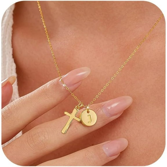 14k Gold Plated Cross Initial Necklaces for Women 925 Sterling Silver Disc Letter Name A-Z Pendant Necklace Christian Religious Faith Baptism Chain Jewelry Christmas Gifts to Daughter