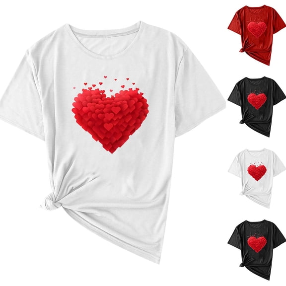 Tbopshirt Summer Womens Tops Short Sleeve Graphic Casual Fashion Valentine's Day Love Heart Print Crew Neck T-Shirts Pullover Black,L