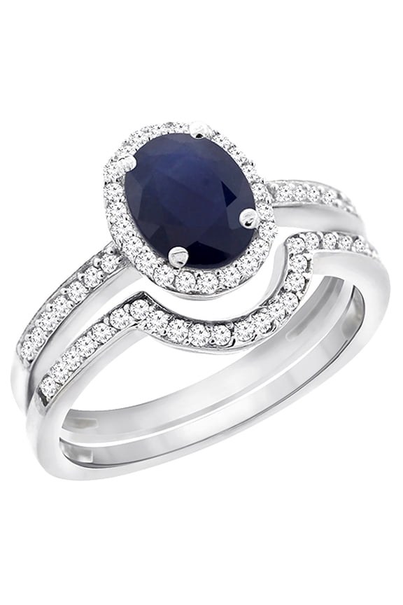10K White Gold Diamond Natural Australian Sapphire 2-Pc. Engagement Ring Set Oval 8x6 mm, size 8