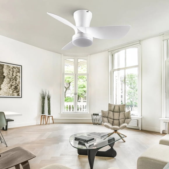 30 Inch Low Profile Ceiling Fan with LED Light, Quiet DC Motor, Remote Control, White