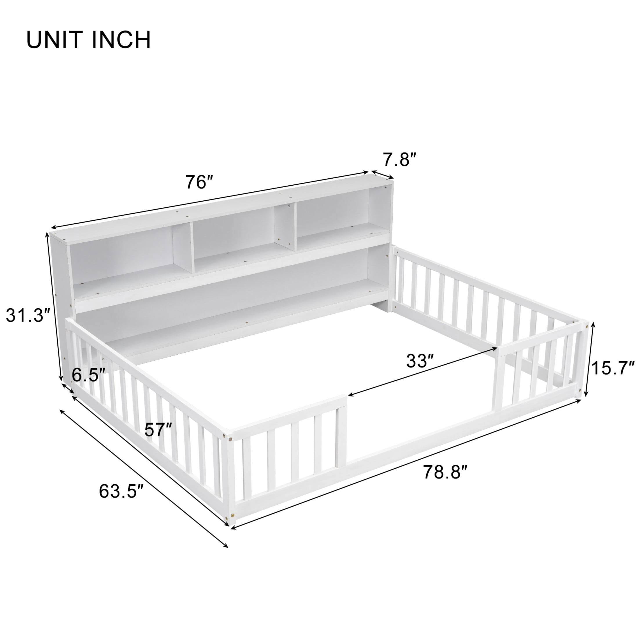 Noble House Lester Full Size Floor Bed, Pine Wood Frame with Side Bookcase, Shelves, and Guardrails for Kids, White