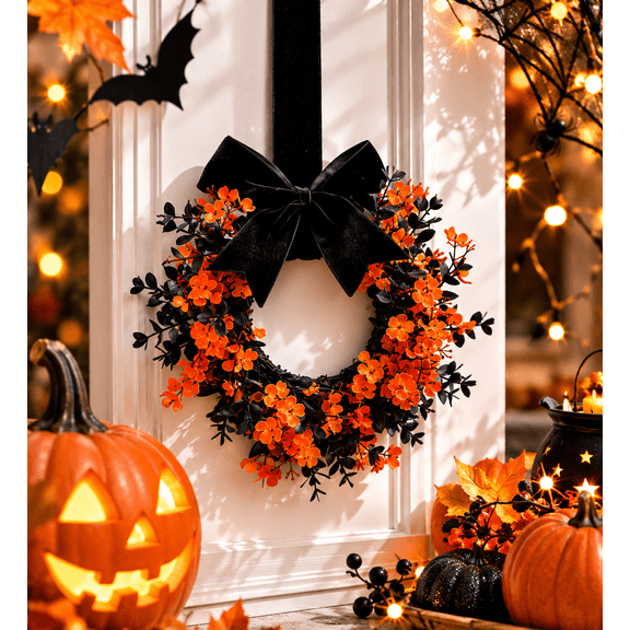 Mini Halloween Wreath, 8.6 Inch Artificial Black Grapevine Wreath with Velvet Bow for Cabinet, Window, Wall and Tabletop Gothic Decor