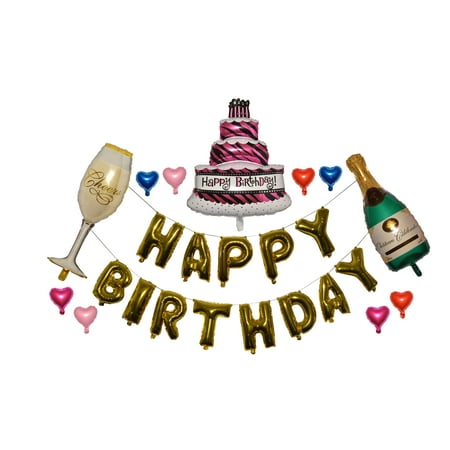 Birthday Balloons Champagne - Happy Birthday Party Letters 14 inch Foil Balloon Champagne Flute Glass Bottle Birthday Cake Decorations…