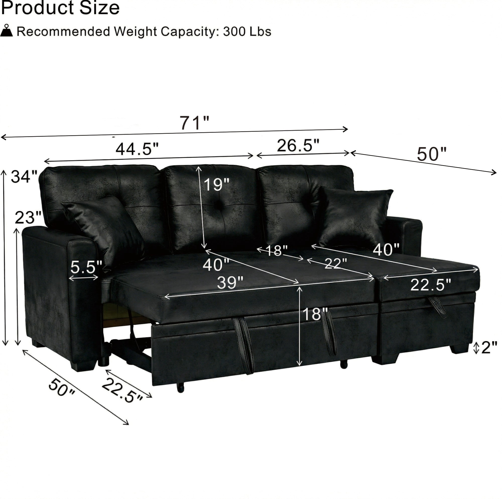 BSHTI 71" Polyester L-Shaped Pull-Out Sleeper Sofa Bed with Reversible Chaise, Hidden Storage for Living Room（Black）