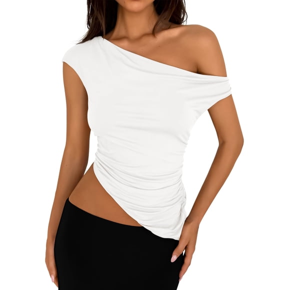 Remera Mujer PRETTYGARDEN Top Corto Fruncido de Un Hombro Blanco Talle S