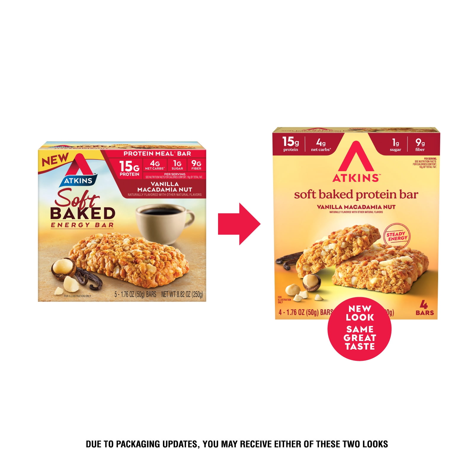 Atkins Soft Baked High Protein Bar, Vanilla Macadamia Nut Flavored, 15g of Protein, Keto Snack, High Fiber, Low Sugar Protein Bars, 4 Count