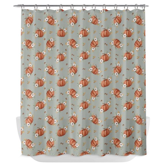 Pumpkins Fall Shower Curtain - Water Repellent Fabric Shower Curtains Washable, Thanksgiving Harvest Botanical Grey Green Decorative Polyester Cloth Bathroom Curtains Modern Bath Decor 72"x72"