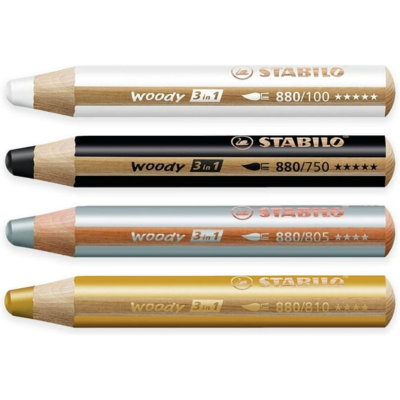 Crayon Multi-Talents - STABILO Woody 3-en-1 - Lot de 4 - Noir, Or, Argent et Blanc