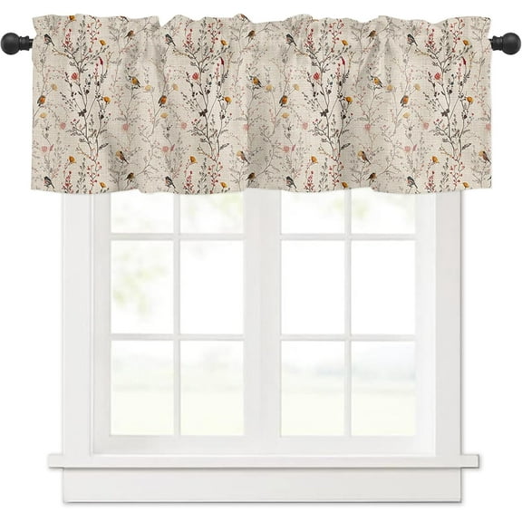 Curtain Valances for Windows, Spring Chrysanthemum Bird Vintage Sackcloth Rod Pocket Valance Window Treatments Short Curtains for Kitchen Bathroom Living Room 42 x 18 Inches, 1 Panel