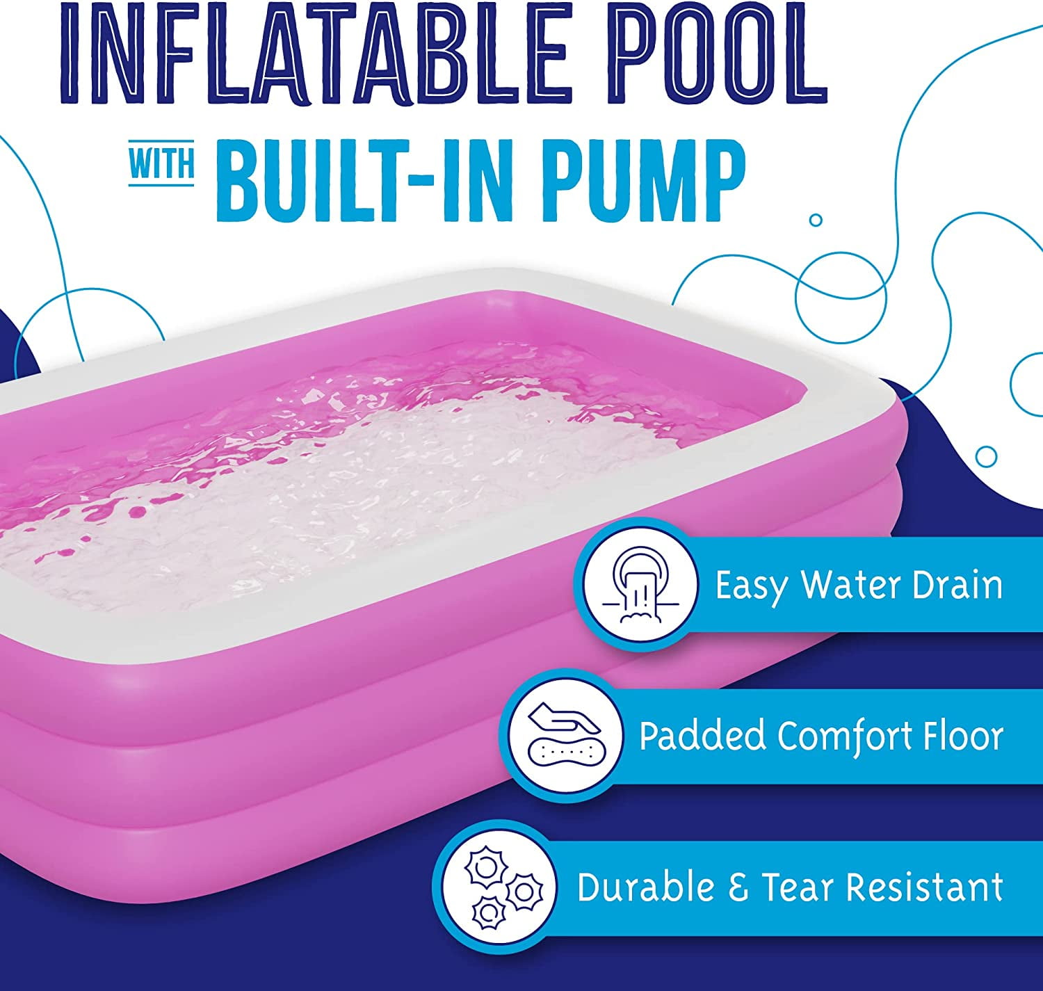 Inflatable Swimming Pool with Built-in Air Pump (Pink, Medium - 82.6" x 59" x 23.6") - for Kids & Adults - Self Inflating Blow Up - Family & Kiddie Pool