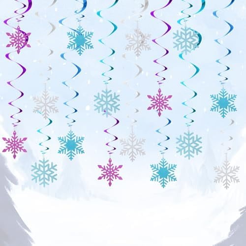 20 Pack Winter Snowflakes Hanging Swirls Ceiling Streamers, Glittery Snowflakes Ornament, Frozen Snowflake Hanging Decorations for Frozen Winter Wonderland Birthday Party Christmas Decorations