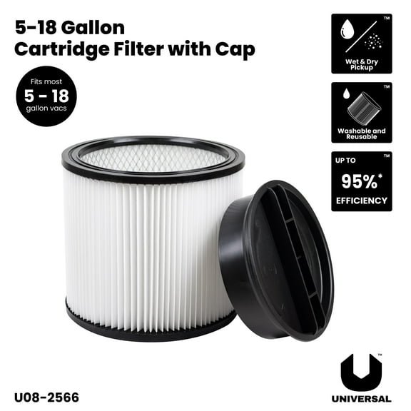 Universal Standard Dust Cartridge Filter with Cap, Fits most 5-18 Gallon Wet/Dry Vacuums