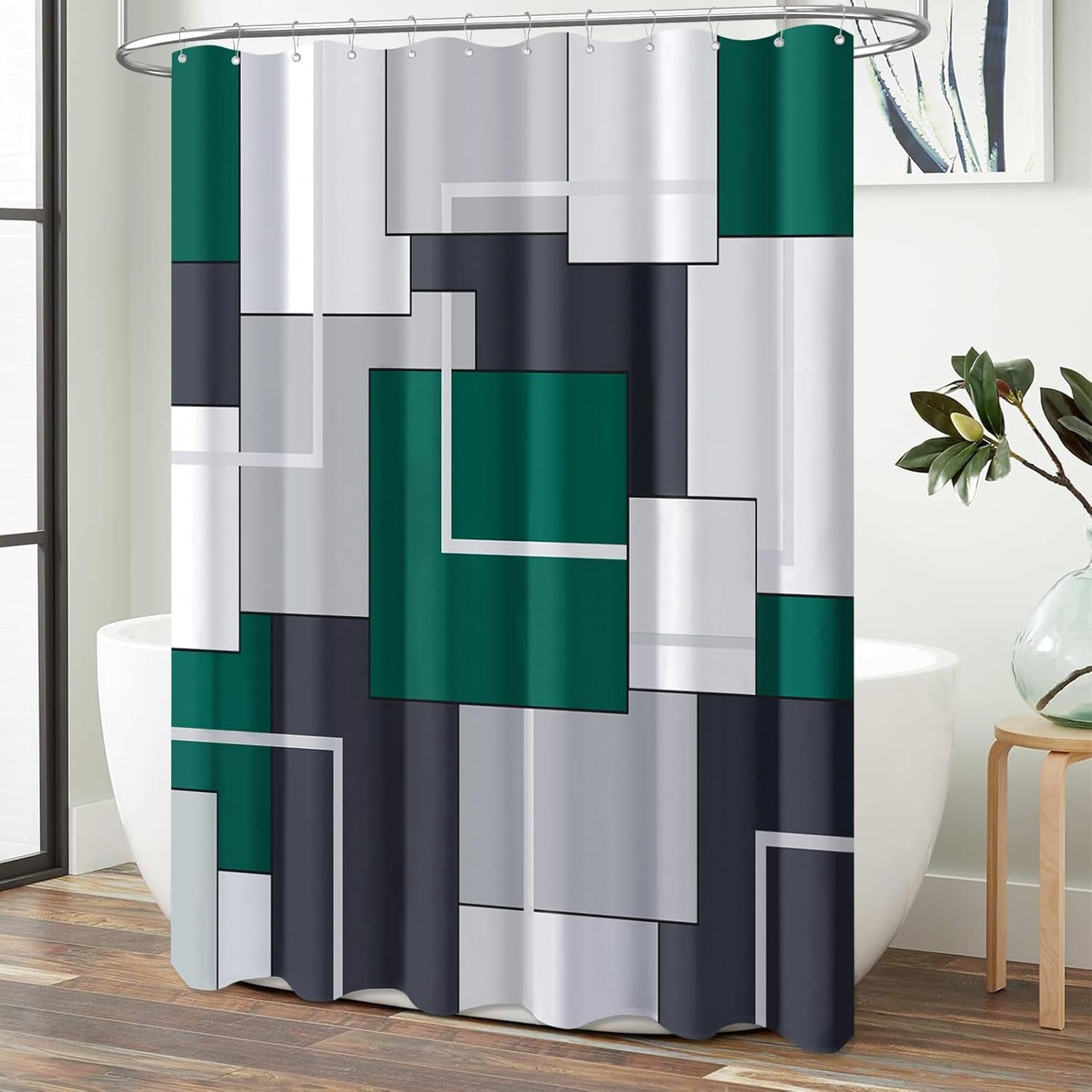 Emerald Green Shower Curtain, Geometric Fabric Shower Curtain Set with Plastic Hooks, Machine Washable, Water Repellent, Modern Decorative Neutral Cloth Shower Curtains for Bathroom - 72x72