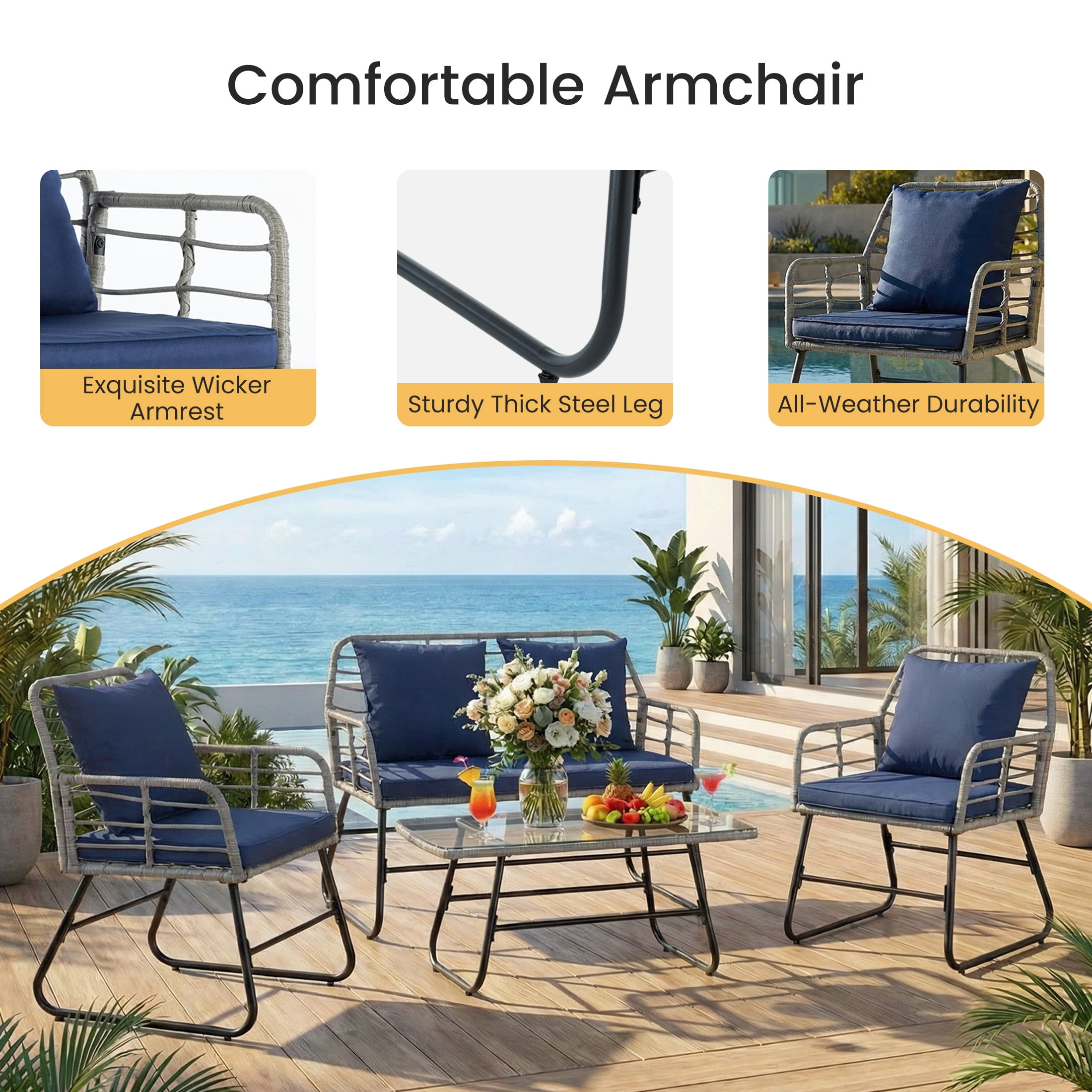 EDX 4-Piece Patio Furniture Set with Coffee Table, Rattan Wicker Outdoor Sectional Sofa Couch Conversation Set