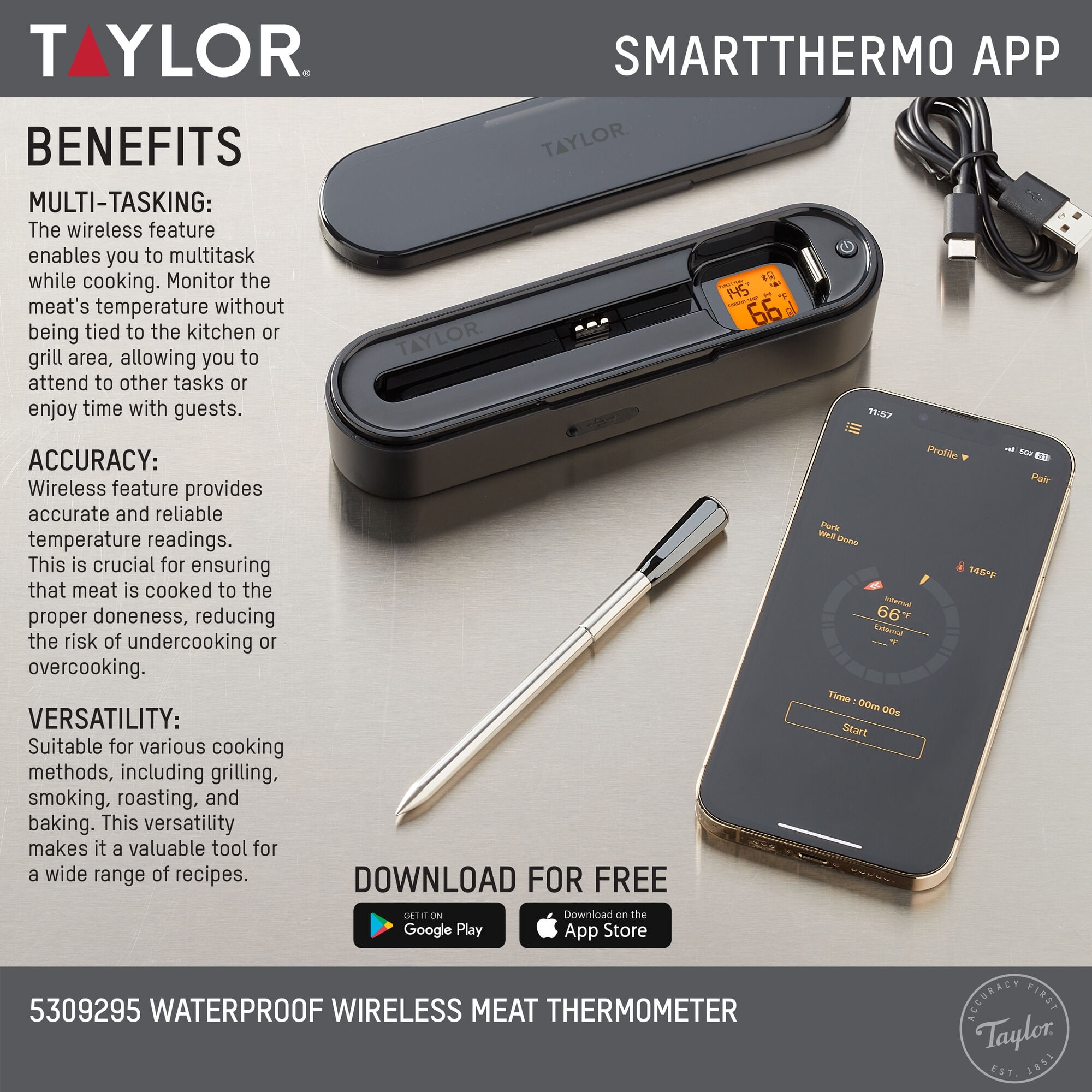 Taylor Waterproof Bluetooth Digital Wireless Grill and Meat Thermometer with Smart Probe Black