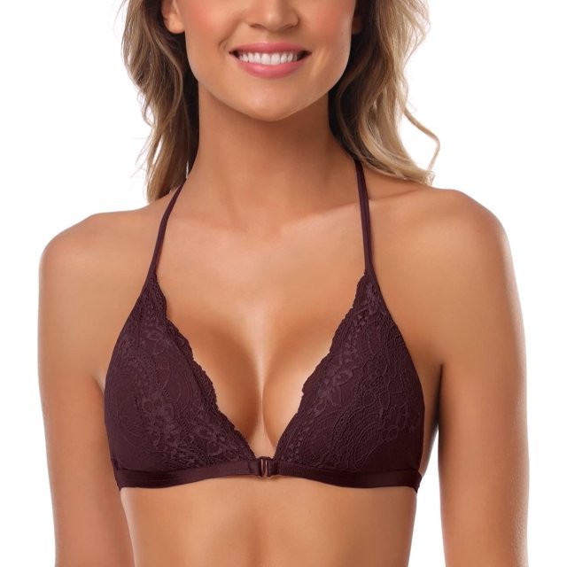 Brasier Triangular Bordado para Mujer, Cierre Frontal, sin Varillas, Ligeramente Forrado, Encaje borgoña (Burgundy-1) G borgoña (Burgundy-1) G Xishao ropa