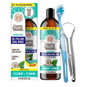 GuruNanda CocoMint Oil Pulling Natural Mouthwash with Essential Oils & Vitamins D3,E,K2 - Toothbrush & Tongue Scraper - 8 oz