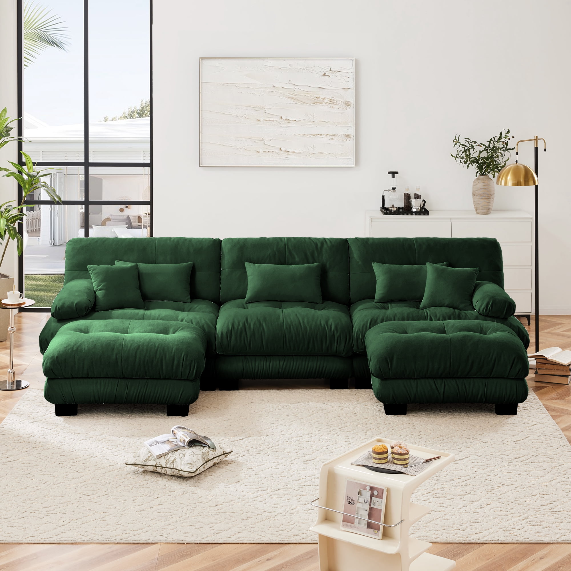 MAYEERTY 133.8in Chenille Sectional Sofa Couch, Oversized Modular U Shaped Cloud Couch with 2 Ottomans for Living Room, Green