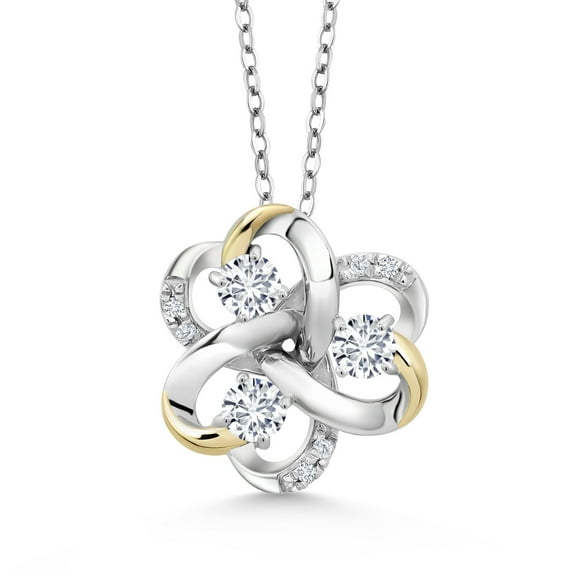 Gem Stone King 925 Silver and 10K Yellow Gold Round White Lab Grown Diamond 3-Stone Pendant Necklace for Women (0.86 Cttw, Gemstone April Birthstone, with 18 inch Chain)