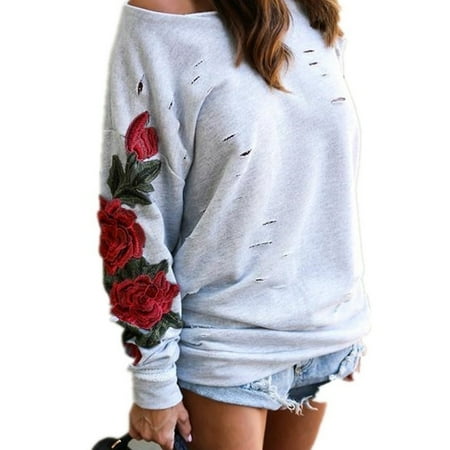 - Women's Rose Sweater Floral Sweatshirt Embroidered Pullover