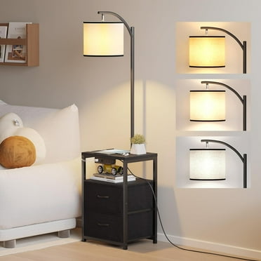 Floor Lamp with Table & 2 Drawers, Lamp with USB Port and Outlet, Lamps for Nightstand with 3 Color Temperature Led Bulb Included, Floor Lamps for Living Room, Bedroom and Home Office, Black