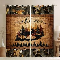 Homewish Wild Moose Deer Black Out Curtains,Rustic Plant Leaves Curtains Pack of 2 (42x63 Each),Brown Black Bedroom Curtains For Boys Kids,Luxury Bedroom Decor
