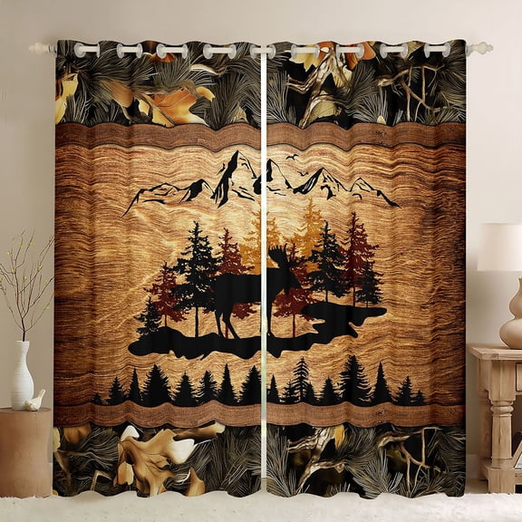 Homewish Wild Moose Deer Black Out Curtains,Rustic Plant Leaves Curtains Pack of 2 (42x63 Each),Brown Black Bedroom Curtains For Boys Kids,Luxury Bedroom Decor