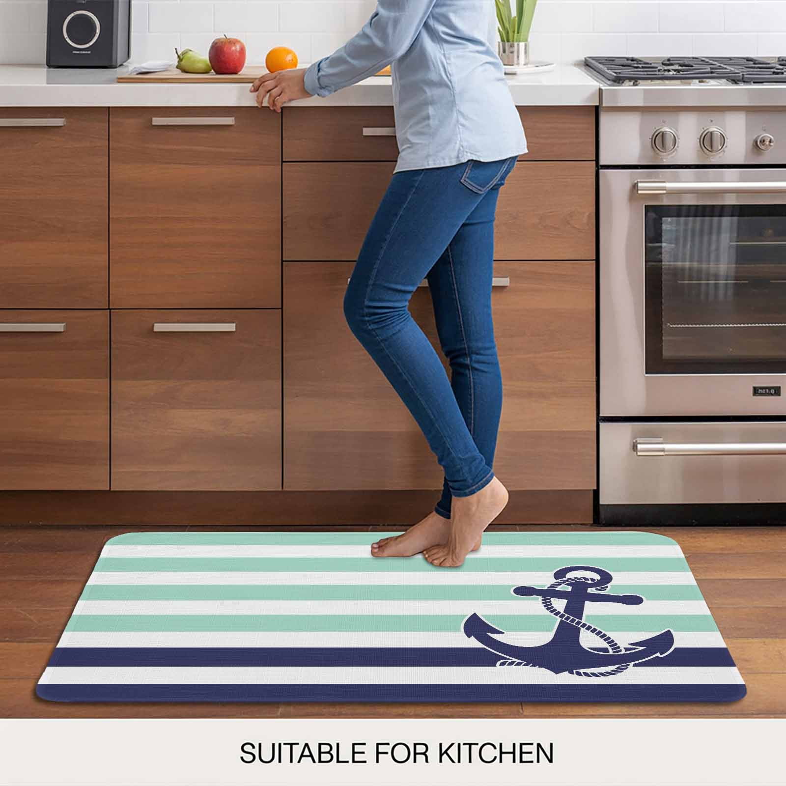 Anchor Aqua Doormat Outdoor Entrance 16"x24", Modern Navy Blue White Striped Nautical Absorb Moisture Dirt Door Mats, Non-Slip Rubber Backing Floor Mats Indoor, Low-Profile Front Door Rugs