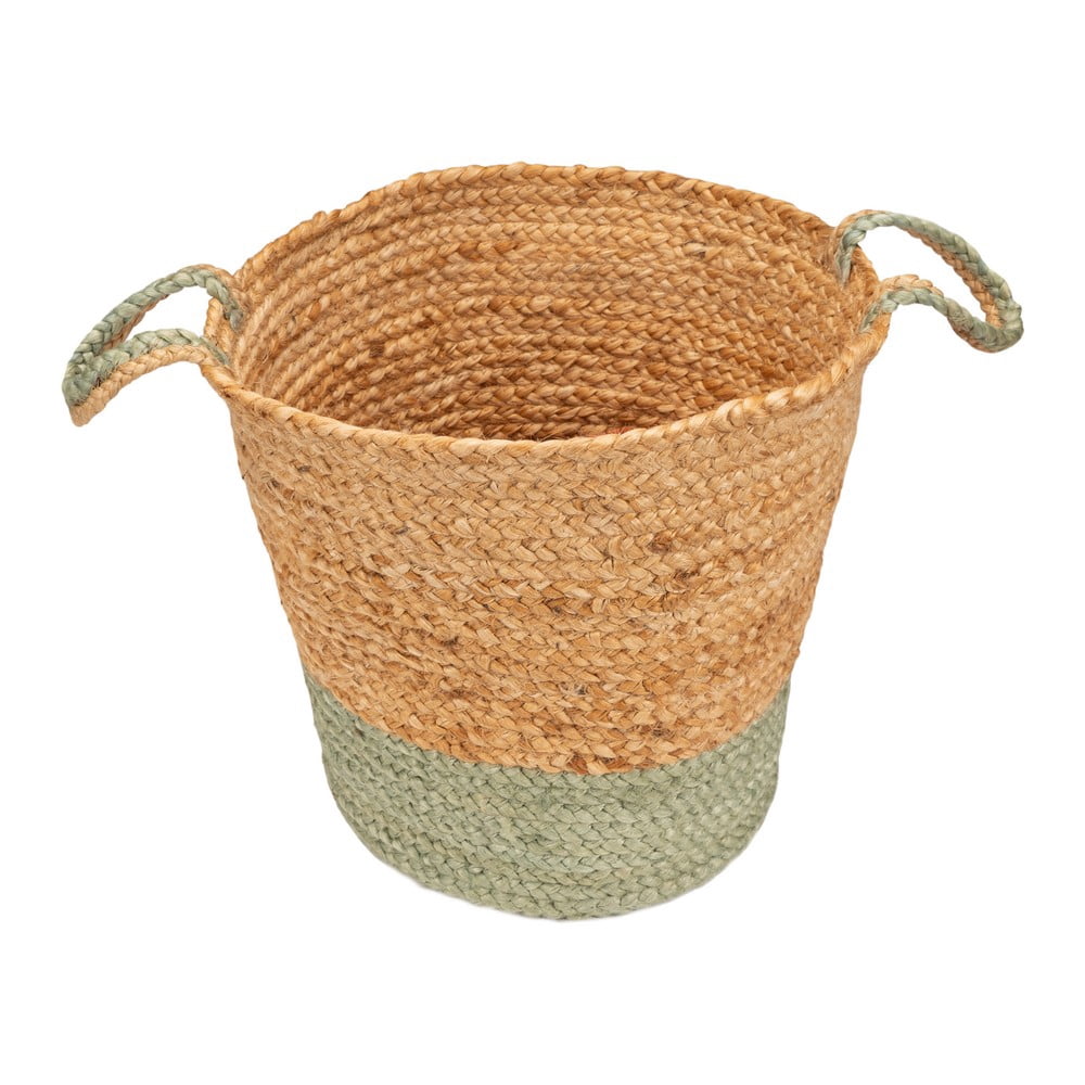 LR Home Woven Round Jute 15" Storage Basket with Handles, Natural/Seafoam Stripe
