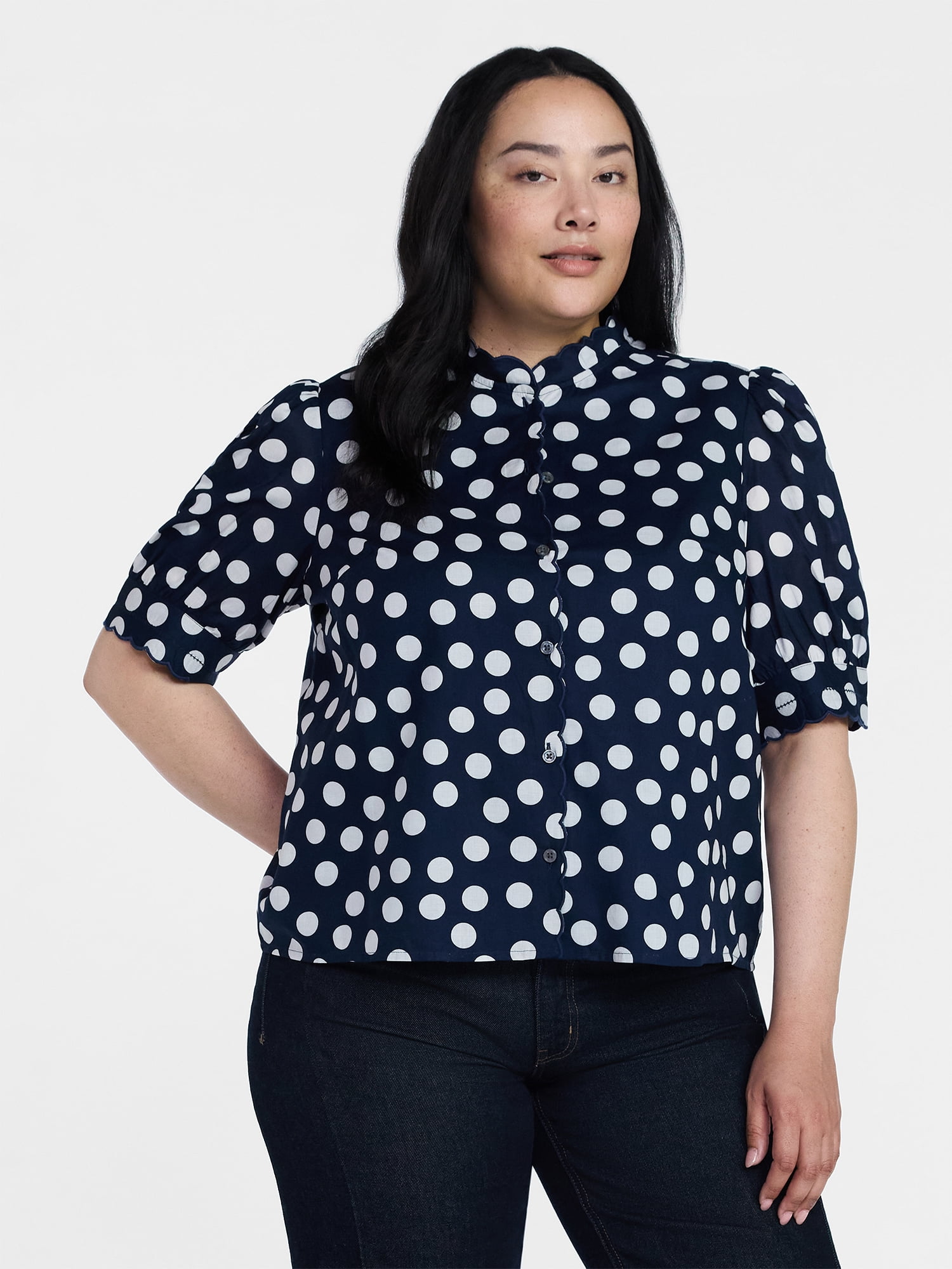 Time and Tru Women's Scallop Trim Cotton Button Down Shirt with Short Sleeves, Sizes XS – XXXL