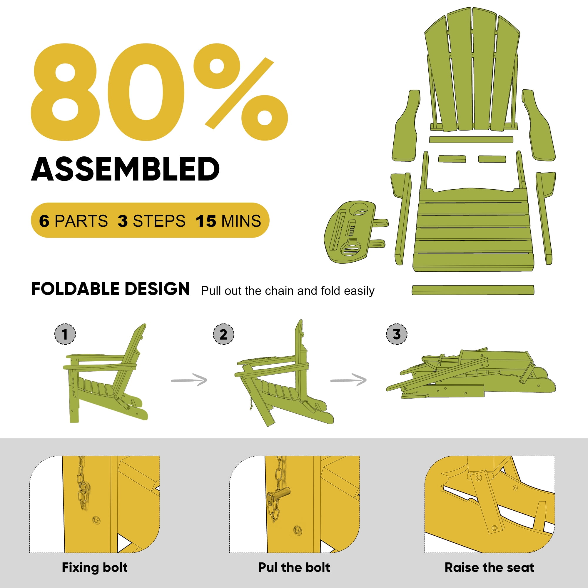 Folding HDPE Adirondack Chair with 4 in 1 Cup Holder Tray Plastic Adirondack Chairs Weather Resistant Lawn Outdoor Firepit Chairs, Light Green