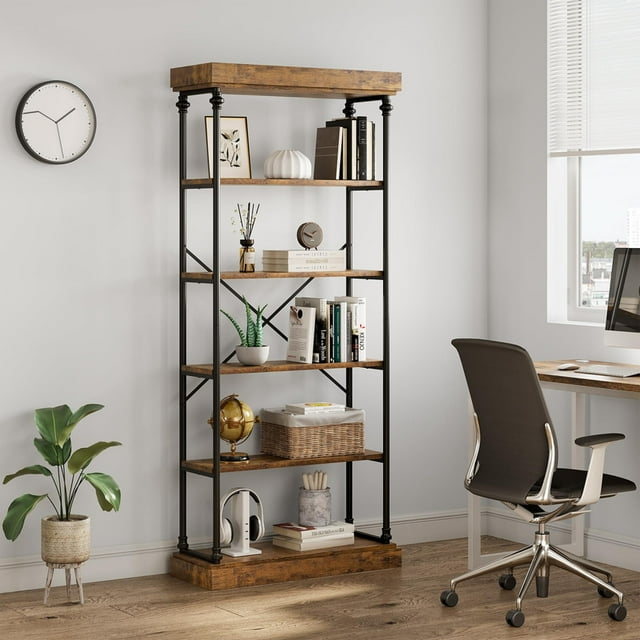 6-Tier Roman Column Bookshelf | Vintage Glam Bookcase for Living Room & Office