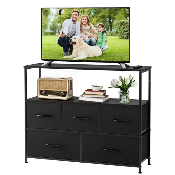 5-Drawer Fabric Storage Organizer with Wood Top - Multifunctional Dresser for Bedroom, Living Room, Dorm,Black