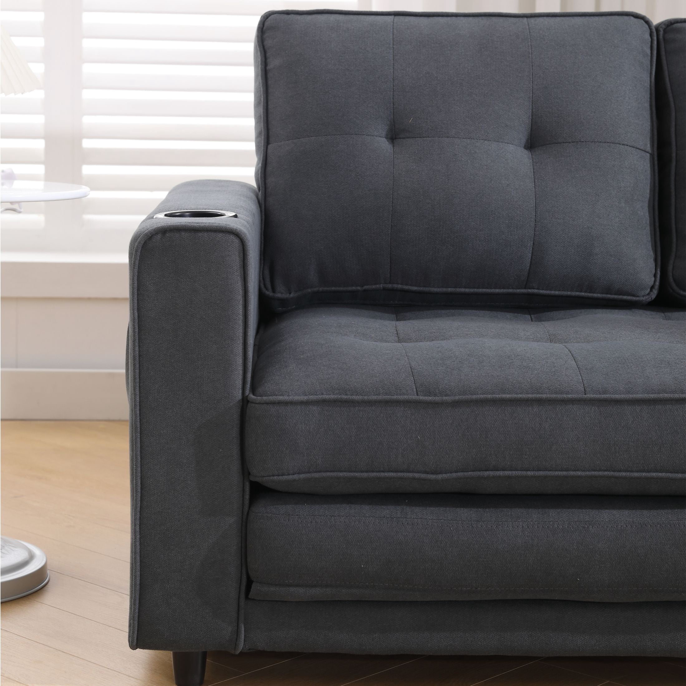 UHOMEPRO Convertible Futon Sofa Bed, Pull Out Loveseat Sleeper Sofa with Side Pockets and Cup Holders, Comfy 3-in-1 Foldable Sofa Couch, Upholstered Floor Couch for Living Room Apartment, Dark Gray